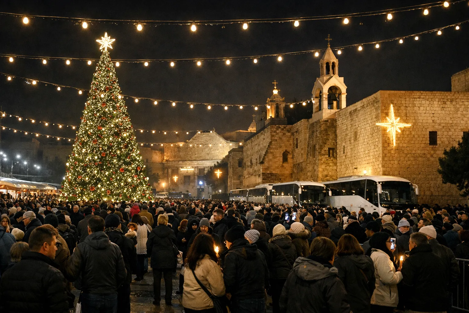 Church of the Nativity in Bethlehem at Christmas, lights glowing in Manger Square at dusk