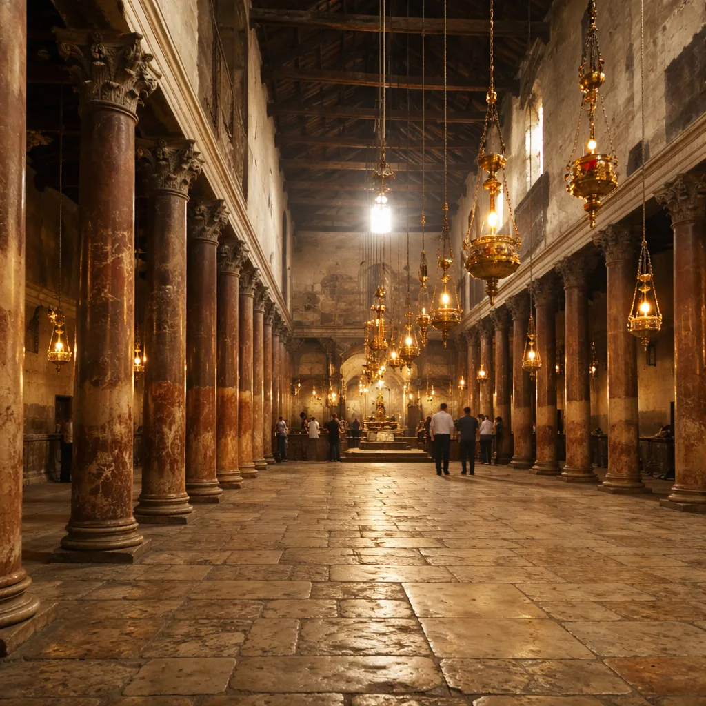 Vitral com a cena da natividade mostrando Maria, Jose e o menino Jesus na manjedoura
