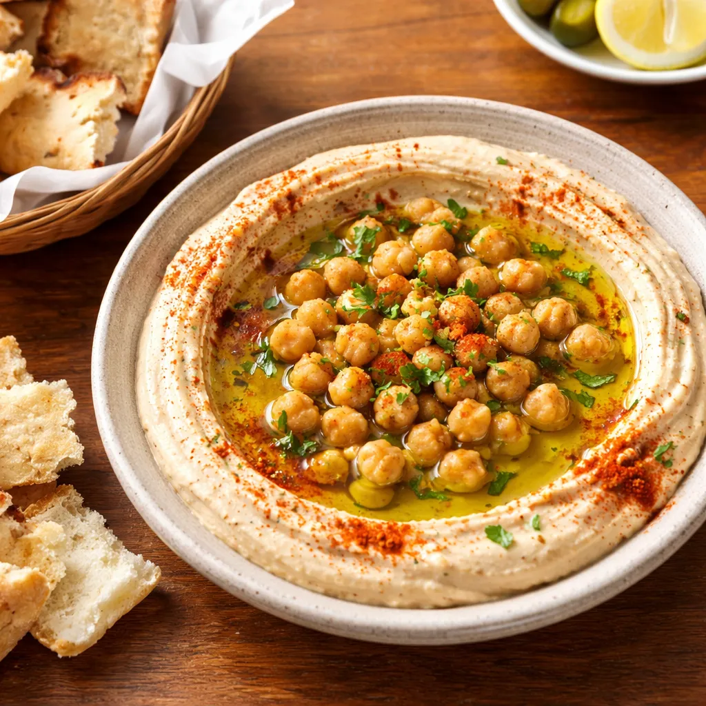 Plato de hummus y untables sobre pan oscuro con vegetales frescos y cafe, un tipico desayuno israeli