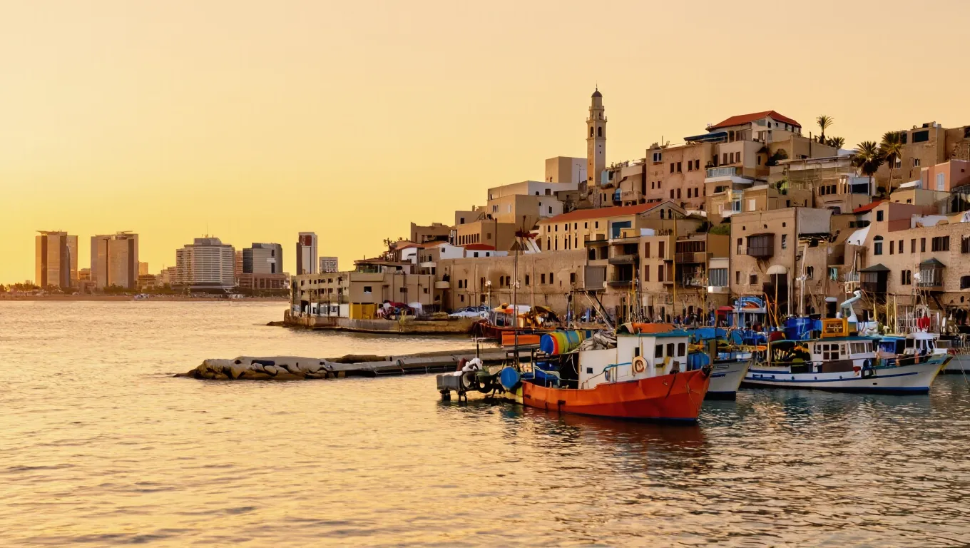Old Jaffa port at sunset with the ancient clock tower and Mediterranean Sea, Tel Aviv in the background